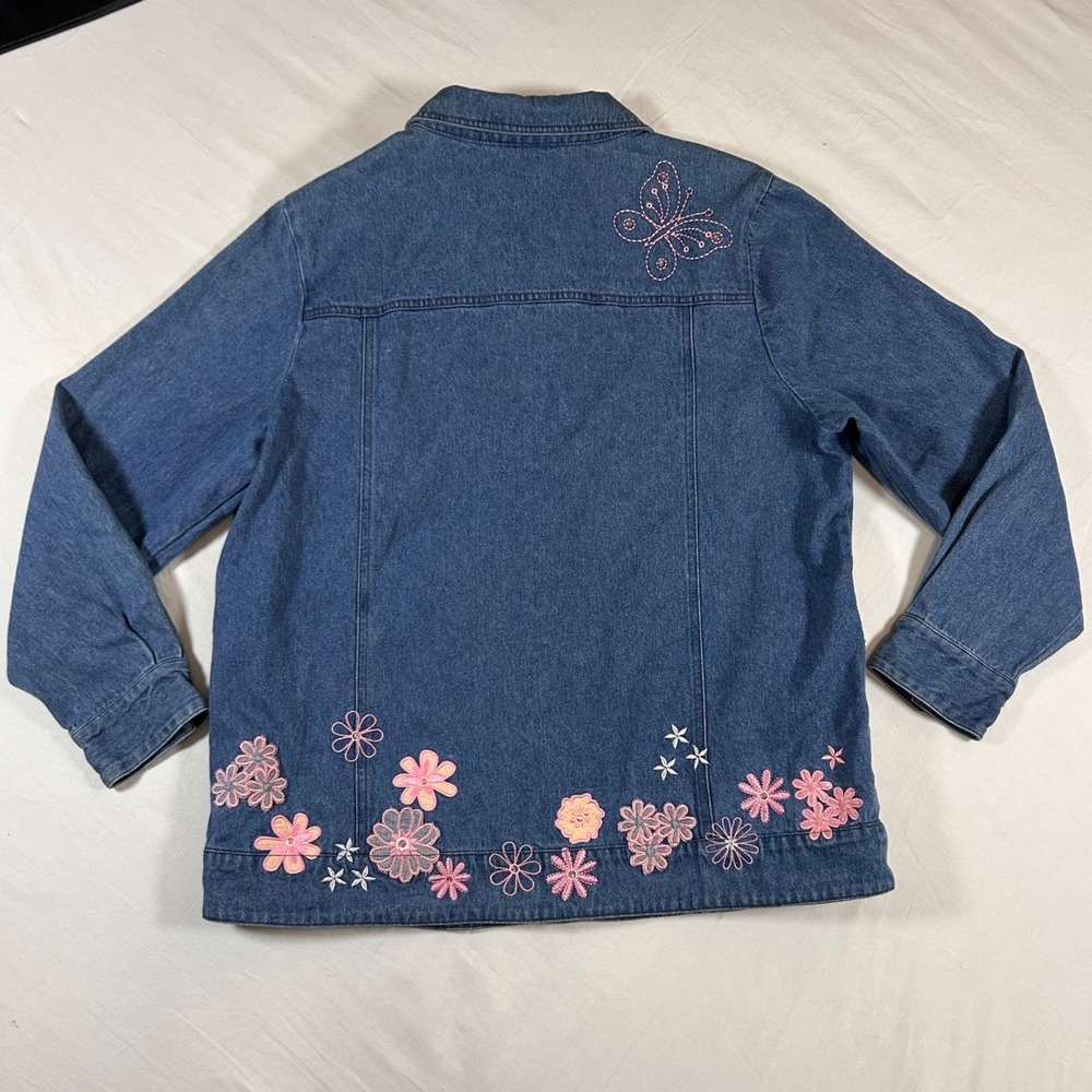 Toffee & Apple Womens L Embroidered Floral Butterfly Denim Jacket Cottagecore - Picture 6 of 9